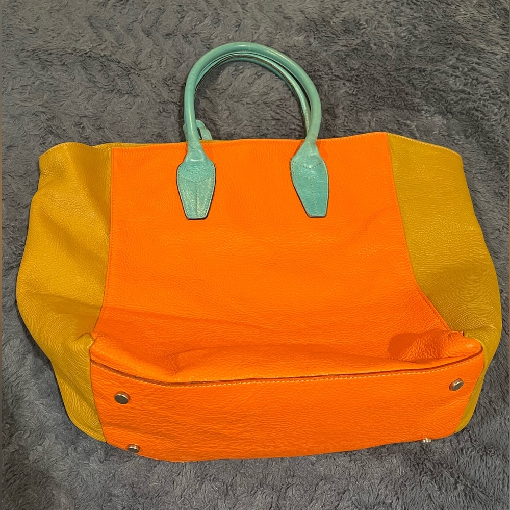 CLAUDIA FIRENZE Tan/ Tangerine /
Blue Leather Maxi Tote Bag